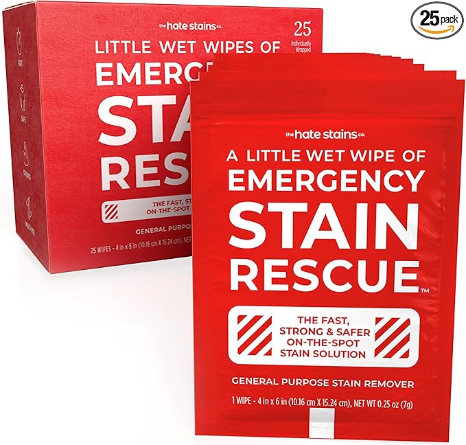 Emergency Stain Rescue Stain Remover Wipes - Road Spill On-the-Go Rescue Packets - Wine & Coffee Stain Rescue Wipes - Carpet & Upholstery Cleaner with No Added Phosphates - Pack of 25 Unscented