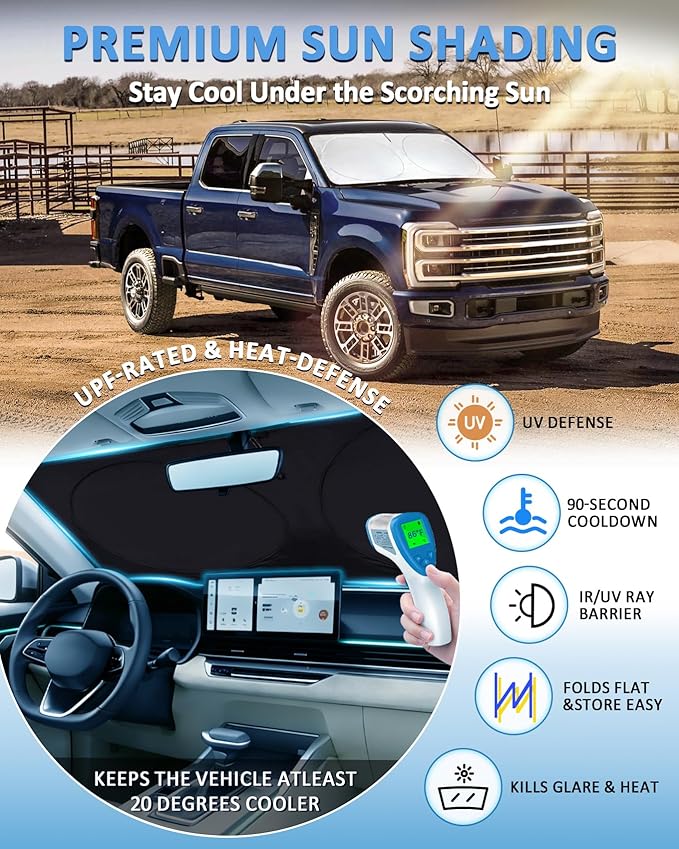 Sunshade for Ford Super Duty F250 F350 F450 F550 Windshield Sun Shade for 2010-2024 2025 2026 Ford F-250 F-350 F-450 F-550 2Door 4Door Pickup Accessories Front Window Shield Cover Visor Protector