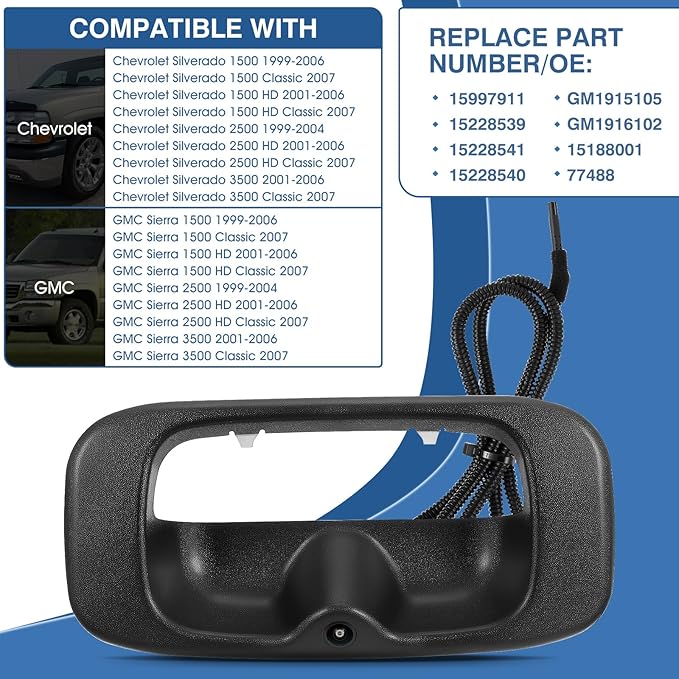 Tailgate Handle Backup Camera Fit for Chevy Silverado GMC Sierra 1500 2500 3500 HD 1999-2007 Classic Tailgate Reversing Rear View Park Assist Camera RCA Plug Replaces 15228539