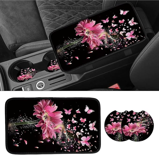Car Armrest Cover Pads Universal Fashion Cute Auto Center Console Armrest Cover Pad with 2PCS Car Coasters Soft Waterproof Car Armrest Seat Protector for Women, Pink Gerbera Daisy Butterflies