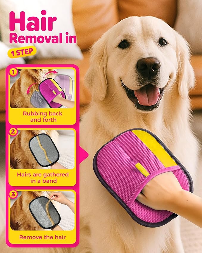 2026 Thickened Electrostatic Pet Hair Removal Gloves (2 Pcs) - Reusable Strong Grooming Gloves for Cats & Dogs, Hair Remover Gloves for Couch, Furniture, Carpet, Car Seats & Clothing Pink