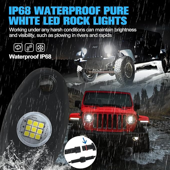 24pods White Rock Lights Dc 12v-80v 6000k Aluminum Alloy Pure White Led Rock Lights with Switch Wiring Harness Kit Ip68 Waterproof for Trucks Pickup Offroad Car SUV Utv ATV Rv Fends Underglow Lights