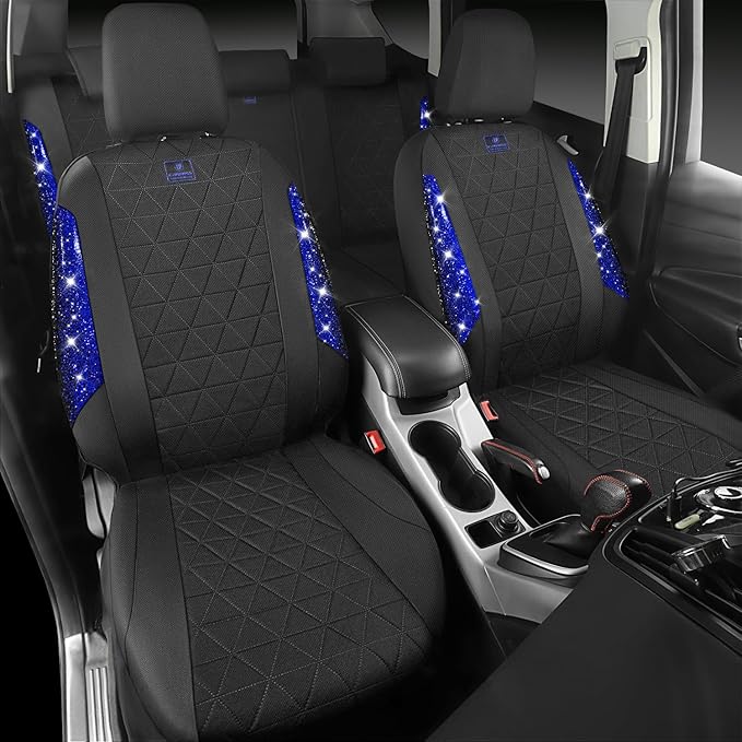 CAR PASS Oxford Bling Diamond Car Seat Covers Full Set Interior Sets, Waterproof Shining Glitter Sparkly Crystal Universal Armrest Fit 95% Automotive Truck SUV Cute Women Girl, Black Blue Rhinestone