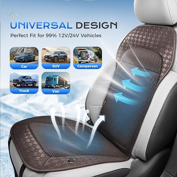 Coverado Summer Cooling Car Seat Cushion, 12V-24V Dual Blowing & Suction Ventilated Pad with 8 Turbo Fans, 3-Speed Adjustable Universal Fit for Hot Weather Car, SUV, Truck & Van-Brown