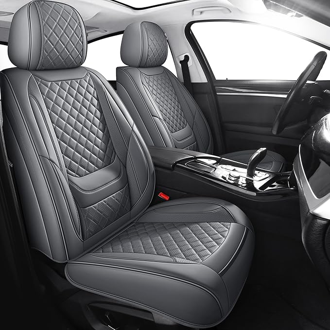 Chezope Leather Seat Covers, Grey Car Seat Covers Front Pair, Breathable Car Seat Protectors, Wear-Resistant Car Accessories, Universal Fit for Most Cars,SUVs Truck (Grey-Diamonds, Front Pair)