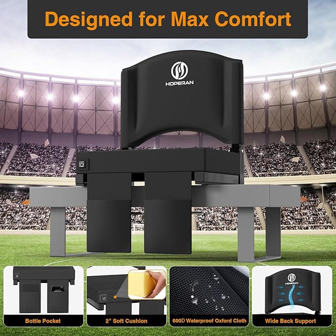 HOPERAN Heated Stadium Seats for Bleachers with Back Support, 3 Levels Heating Bleacher Chairs with Back and Cushion, Folding Bleacher Seat, Lightweight Portable Stadium Chair with Shoulder Strap