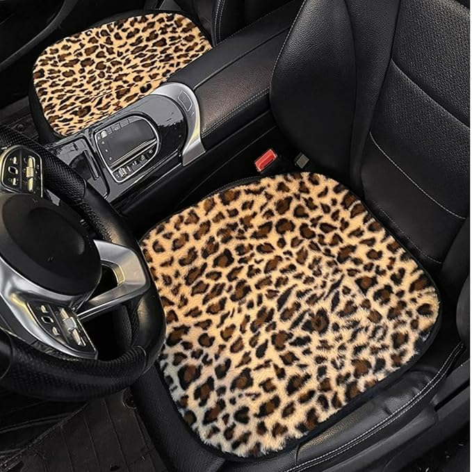 Leopard Print Car Seat Covers Fluffy Front Rear Car Seat Covers Set Lumbar Support Pillow Car Accessories for Women (backrest) (Front seat Cover)