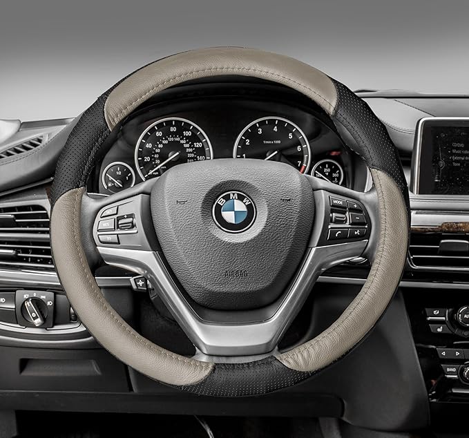 FH Group Universal Fit Perforated Genuine Leather Beige Black Steering Wheel Cover Fits Most Cars, SUVs