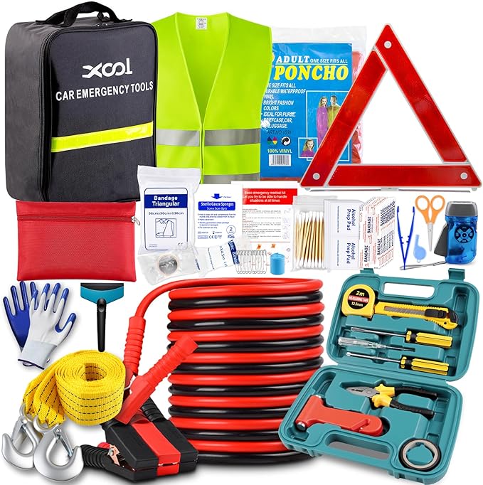 XOOL Car Emergency Kit with Jumper Cables, First Aid Kit, Tow Strap & Tool Set – Roadside Safety Kit for Cars, Trucks & SUVs