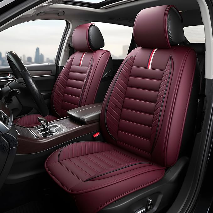 OASIS AUTO Car Seat Covers Front Seats Premium Waterproof Faux Leather Cushion Universal Accessories Fit SUV Truck Sedan Automotive Vehicle Auto Interior Protector (OS-001 Burgundy)