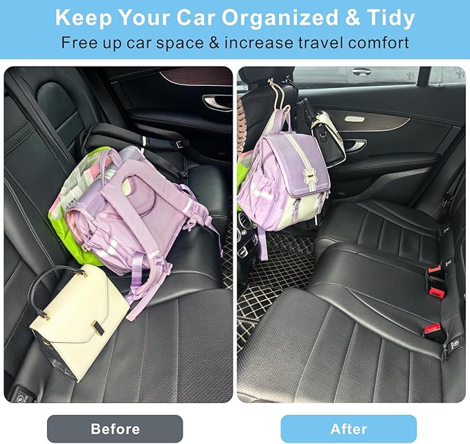 Purse Hooks for Car - 2 Pack Universal Back Seat Storage Holder with Anti-Drop Lock Loop for Vehicle Truck SUV, Car Headrest Hanger for Hat Bag Grocery Handbag Coat Must Have Stuff- Beige Leather/2L
