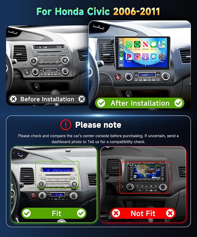 4G 128G Car Stereo for Honda Civic 2006 2007 2008 2009 2010 2011 Radio,10.1" Incell Touchscreen Wireless Carplay Android Auto 36EQ Bluetooth 5.0 Android 15 GPS WiFi FM/RDS Backup Camera