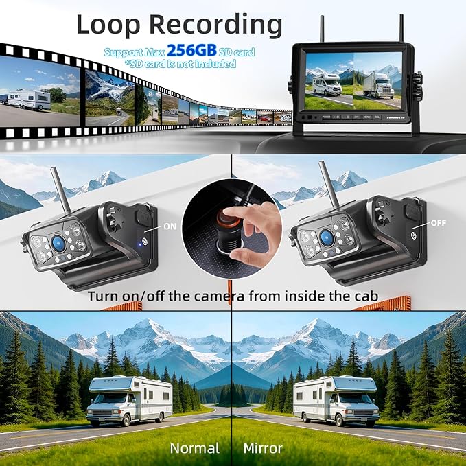 ZEROXCLUB Magnetic Wireless RV Backup Camera System: 7" HD 1080P DVR Monitor with 2-Rear Camera, DVR Monitor & IR Night Vision, Portable Rechargeable Camera for RV/Trailer/Fifth Wheels/Camper BC702