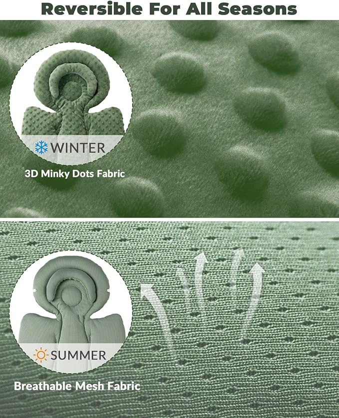 Infant Car Seat Insert with Extra Cushion for Preemie to Toddler, Reversible Newborn Carseat Insert for Baby Head Body Support, Fits for Stroller, Baby Swing, Bouncer - Dots, Dark Green