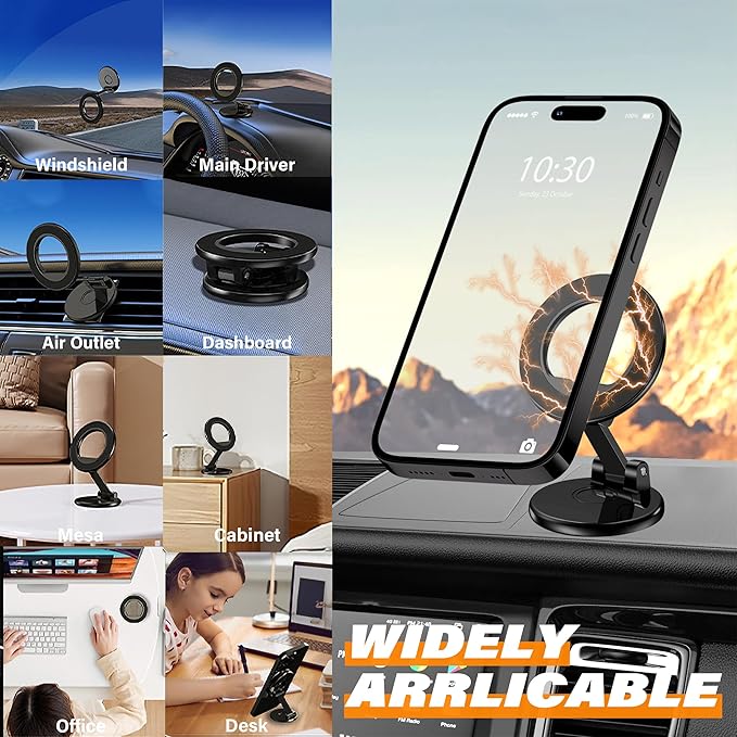 Magnetic Car Phone Holder, N55 Strong Magnets, 360° Rotation Dashboard Magnetic Phone Holder for Car, Folding Car Magnet Phone Mount for iPhone 16 15 14 13 Pro Max (Round-2)
