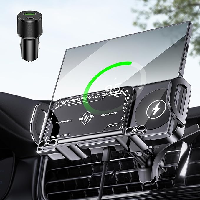 Wireless Car Charger Mount, Auto-Clamping 15W Dual Coil One-Touch 90° Rotatable Car Phone Holder Wireless Charger for Samsung Galaxy Z Fold 7/6/5/4/3, Z Flip, Galaxy S Series and iPhone