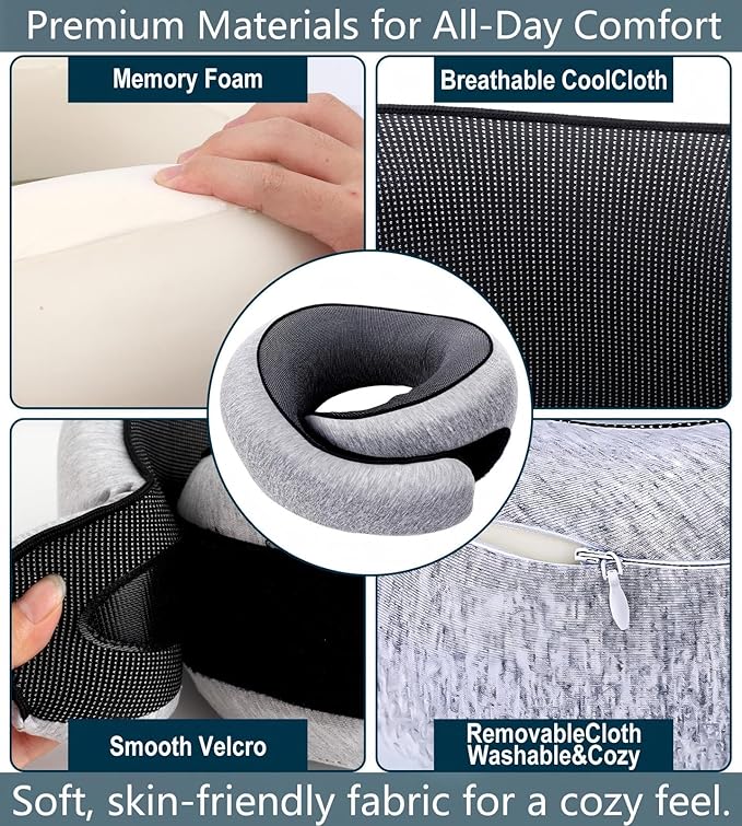 Travel Neck Pillow for Airplanes, Memory Foam with Chin Support, Ergonomic 360 Degree Cervical Support for Plane/Car/Train/Office (Light Grey)
