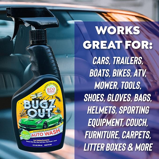 Bugz Out Car Bug Cleaner, Remover & Wash - Spray Bugs, Tar, Bird Poop Off Exterior of Car & Windshield. Remove Black Streaks Without Scratching or Removing Paint. 24 oz bottle w/ Microfiber Cloth