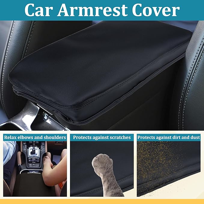 Center Console Cover Compatible with Toyota RAV4 Accessories 2020-2025 and 2021-2025 RAV4 Prime, PU Leather Middle Console Lid Cover, Seat Protector Armrest Cushion Pad (Black with Red Stitches)