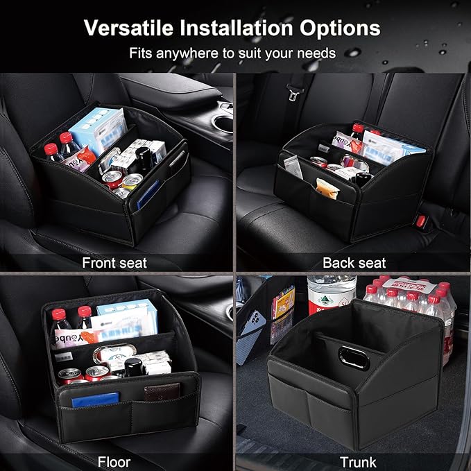Car Storage Organizer [2025 UPDATED] Leather Car Caddy Basket for Front Seat Floor Back Seats Metal Handle 6 Compartments Adjustable Strap Buckles Slip-Resistant (Black)