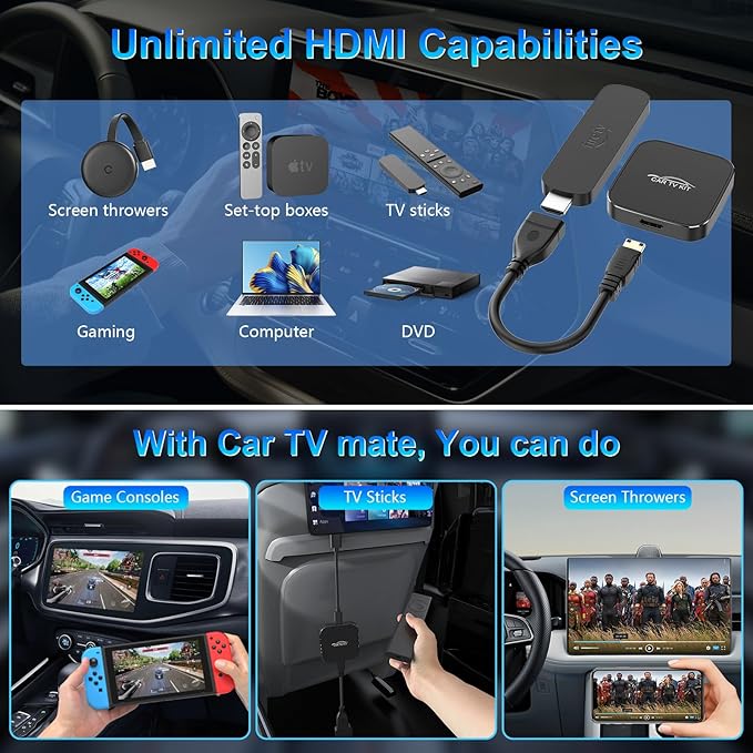 Wireless CarPlay Adapter for Apple, Car TV Mate with HDMI Input for TV Sticks and Game Consoles, Plug and Play, Fit for Cars with Factory Wired CarPlay from 2016 & iOS 10+ iPhone
