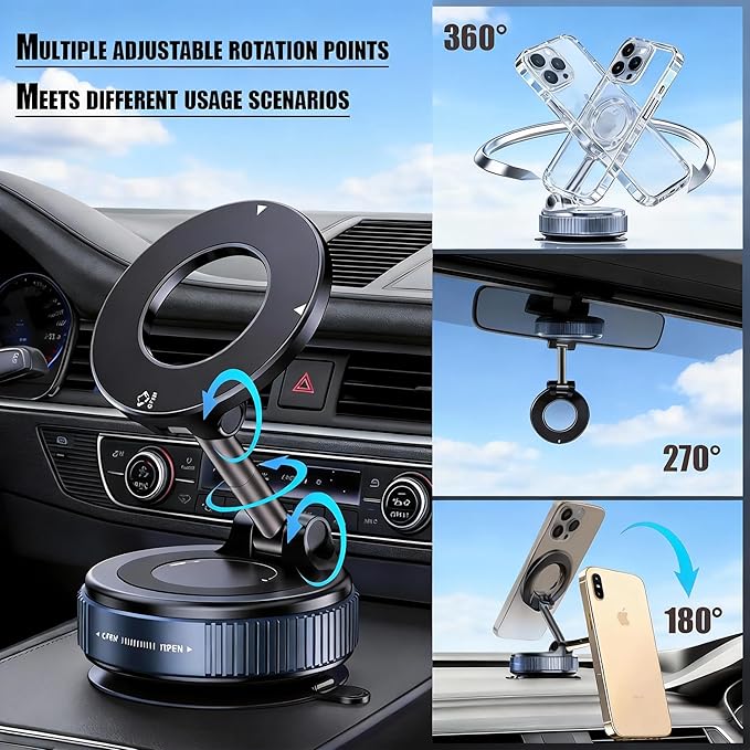 Magsafe Car Mount 2026 Upgraded, 360° Adjustable Magnetic Car Phone Holder[98 LBS Strongest Suction] Dashboard Windshield Vacuum Magnetic Phone Holder for Your Car fit iPhone & Android