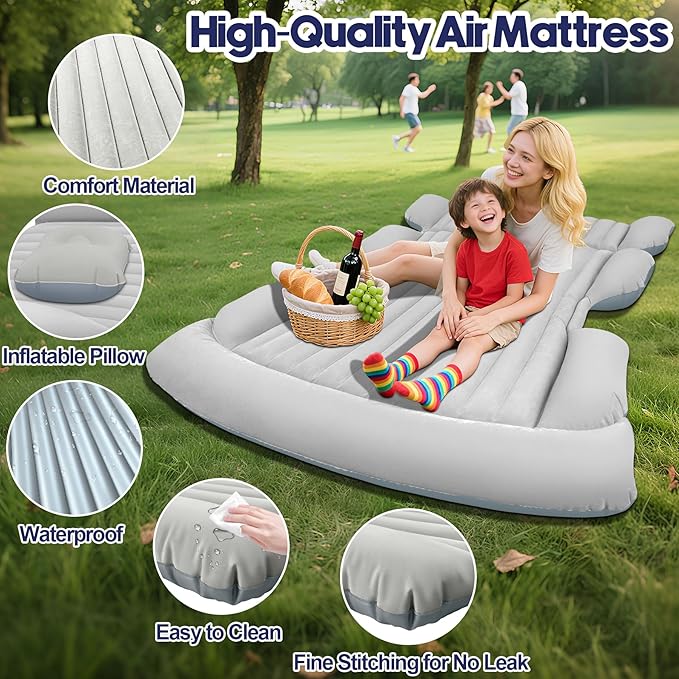 SUV Air Mattress with Air Pump,Thickened Camping Bed with 2 Pillows,Portable Car Air Mattress,Quick Easy Set-Up,Inflatable Bed for car,Durability Car Bed for SUV,Home,Travel,Camping(GreyWhite)