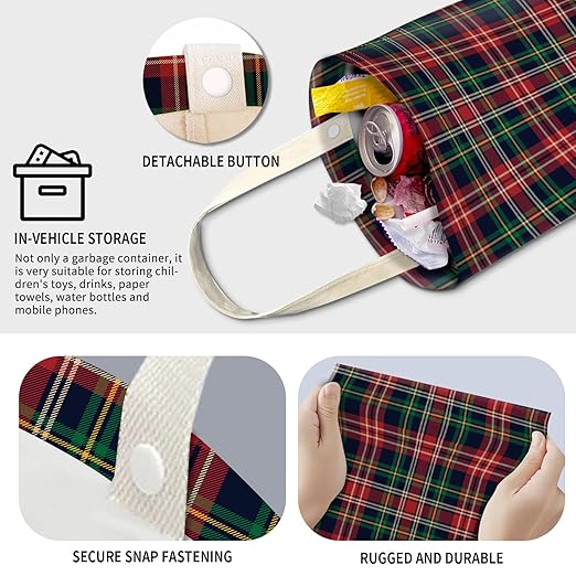 Cute Car Trash Can, Hanging Canvas Car Back Seat Organizer and Storage Bag, Funny Car Trash Bag For Travelling, Outdoor Cute Red Green Plaid
