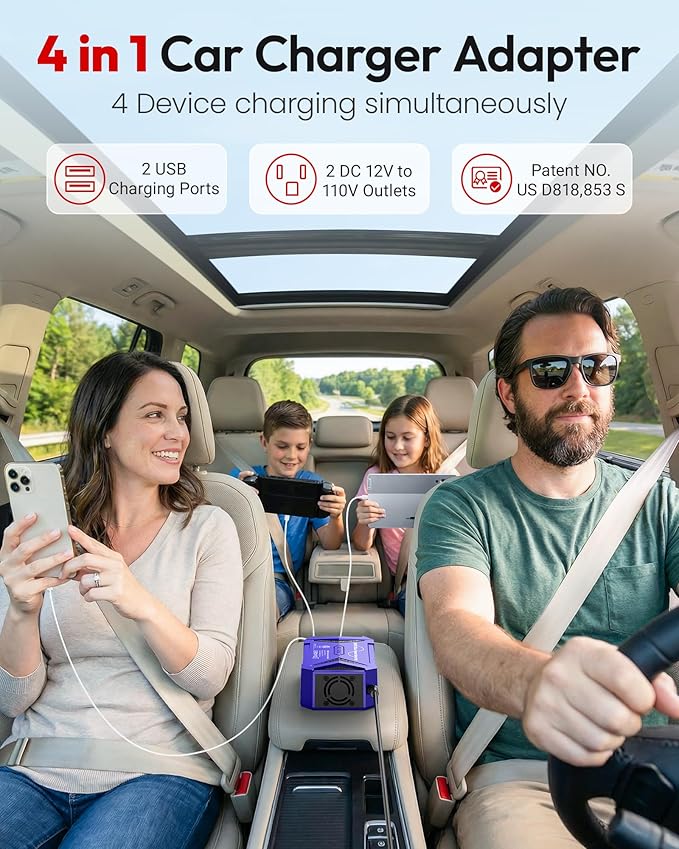 BESTEK Pure Sine Wave Power Inverter - 300W Car Plug in Charger Outlet DC 12V to 110V AC - Cigarette Lighter Adapter with 4.8A Dual USB Fast Charging Ports for Phone, Laptop, Tablet - Blue