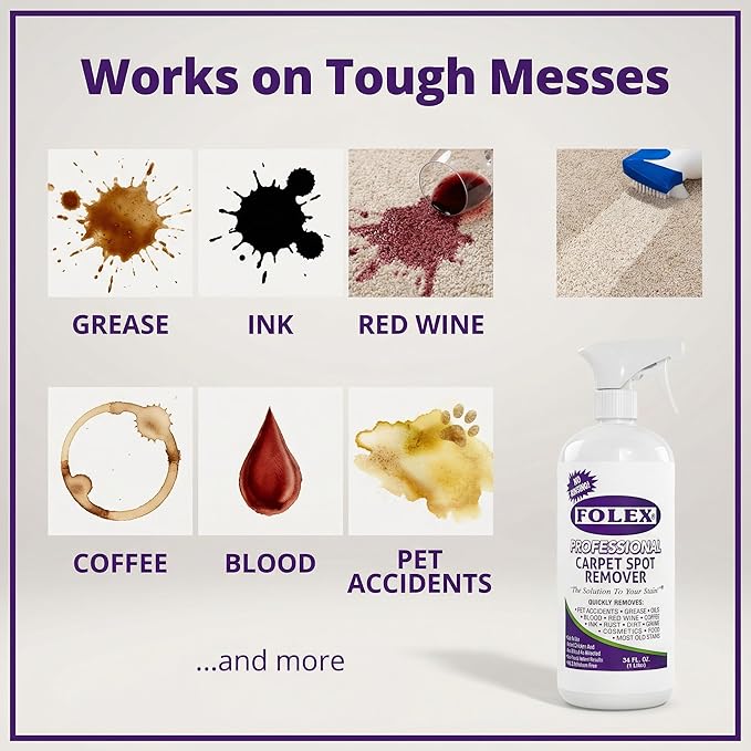 FOLEX - Professional Carpet Cleaner Spray 34 oz - Pet Stain Removal - Instant Stain Removal - No Rinsing Required - Safe for Pets - Works on All Fabrics