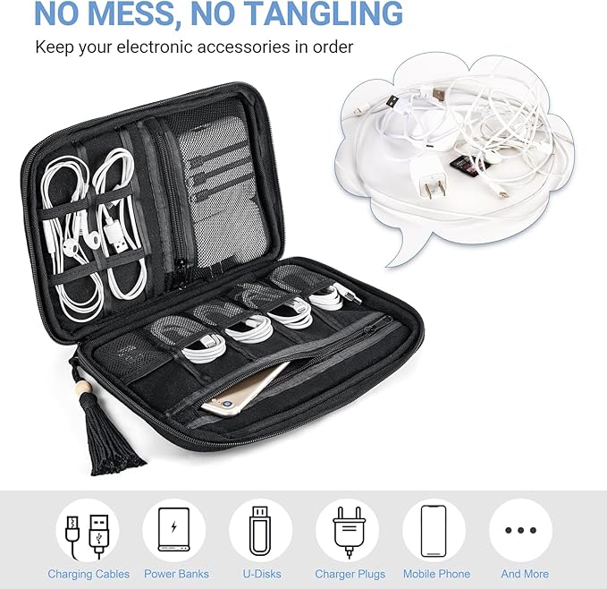 Mkono Electronics Organizer Travel Cable Cord Organizer Cotton Bag, Portable All-in-One Accessories Travel Essentials Storage Case with Tassel for Cable Charger Phone USB Pouch for Women, Black