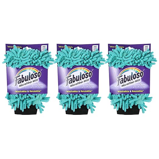 Fabuloso Microfiber Cleaning Mitt Glove, Lint-Free Scratch-Free Dusting and Washing for Furniture, Blinds, Baseboards, Shelves and Car Interior, One Size Fits All, Teal, 3-Pack