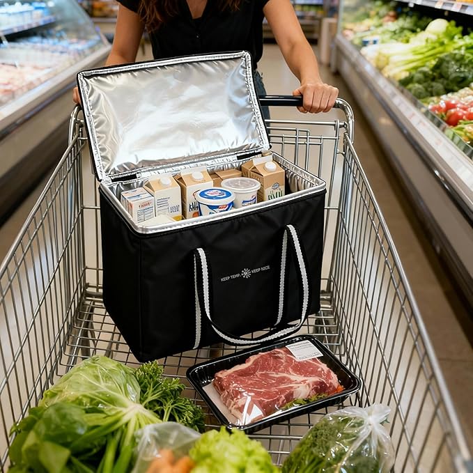 Insulated Food Delivery Bag, Large Durable Reusable Shopping Grocery Bag with Zipper – Foldable Thermal Cooler Bag for Hot & Cold Food, Pizza Delivery & Catering