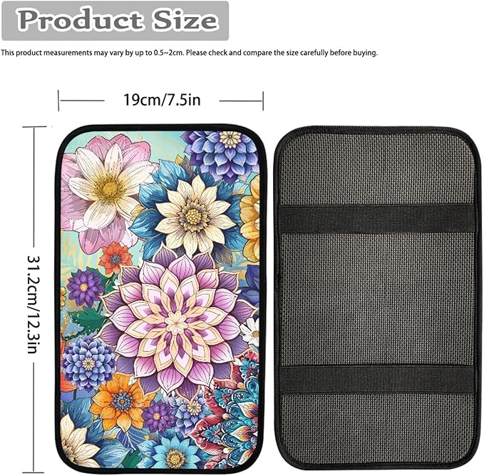 UNICEU Car Center Console Armrest Cover Pad for Women, Boho Flowers Bright Blossom Auto Interior Decor Neoprene Car Armrest Box Protector Cover