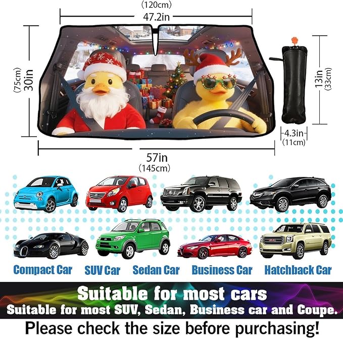 CHILL·TEK Funny Animal Car Windshield Sun Shade Umbrella, Christmas Duck Car Sun Shade Umbrella, Block UV Rays Heat Foldable Windshield Umbrella Sun Visor Protector - Keep Vehicle Cool for Cars SUV