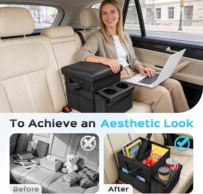 Foldable Bench Seat Center Console, Car Armrest Organizer Box with 2 Large Cup Holders & Massive Storage, Universal Portable Trunk Console Arm Rest for Car/Truck/Van/SUV Rear Organizers Back Seat