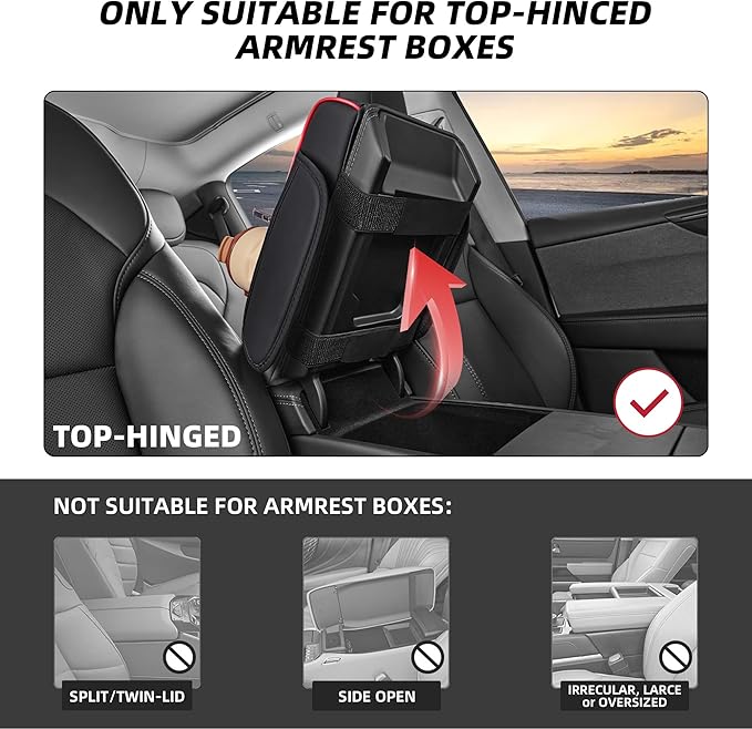 5 in 1 Car Center Console Cover, Armrest Pad with 2 Storage Pockets, Cup Holder, Tissue Box Slot, Phone Holder, Universal Car Interior Organizer (Black with Red Stitching)