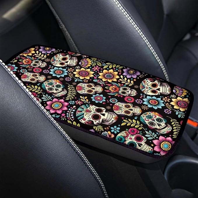 Dreaweet Hippie Flower and Skull Print Center Console Cover for Car Comfy Anti Scratch Armrest Cover Cushion Pad Universal Car Arm Rest Cover for SUV Truck Van