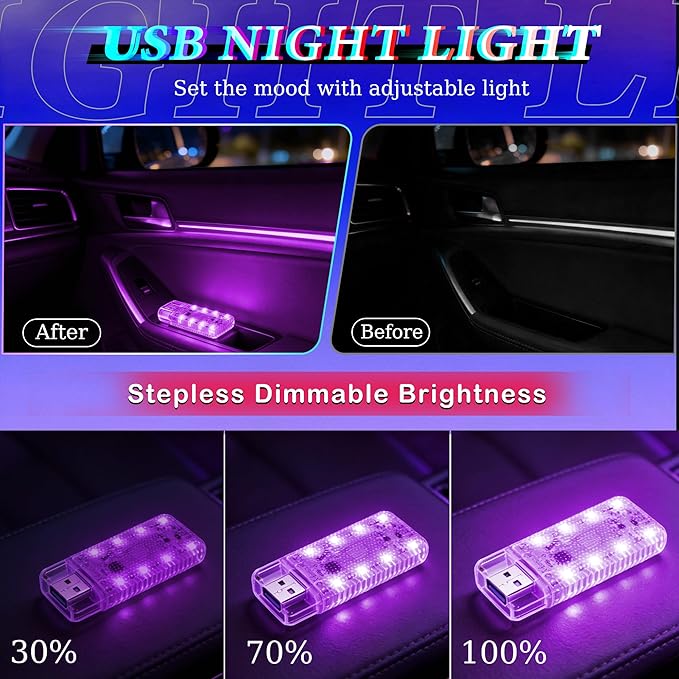 4 PCS Car LED Lights, USB Plug-in Rechargeable 8 High-Brightness LED Beads, Portable Mini Touch Control Dimmable Night Light for Car/Bedroom/Party/Holiday Decoration (2 Green & 2 Purple)