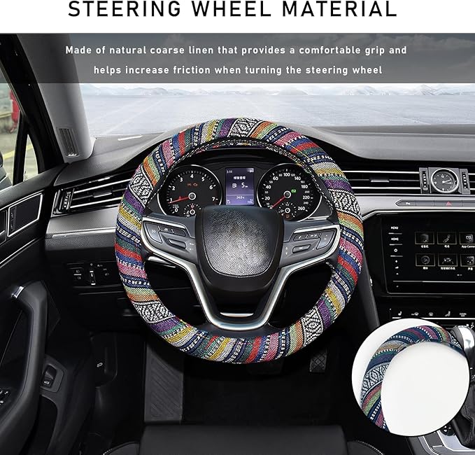 Boho Steering Wheel Cover, 15.0"×15.0" Anti-Slip Baja Blanket Ethnic Steering Wheel Protector, Breathable Flax Cloth Elastic Bohemian Steering Wheel Cover, Car Accessories (Style B)