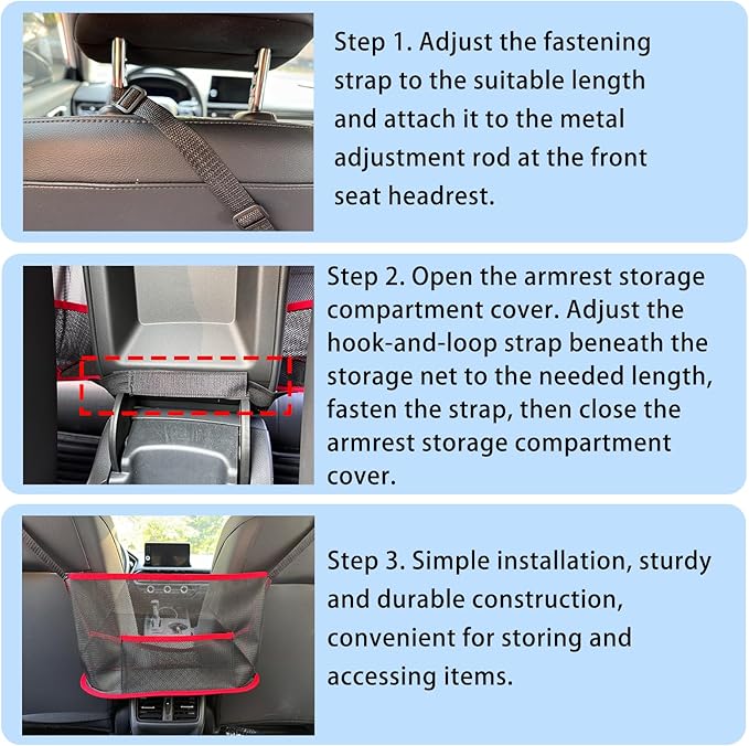 Car Storage Bag, Auto Net Pocket Handbag Holder, Driver Storage Netting Pouch for Document Phone Tissue Purse Storage, Organizer Mesh Bag Between Two Seats, Backseat Pets Barrier, Red