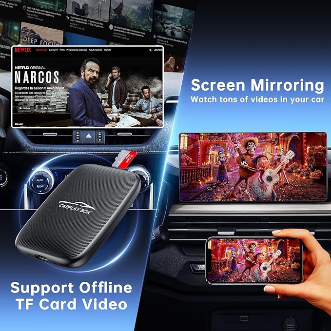 6-in-1 Android Auto Wireless Adapter and Apple CarPlay Adapter, Wireless Carplay Adapter with Netflix YouTube TF Card, Plug & Play, Easy Setup, Magic Video Ai Box for OEM Wired Apple Car Play Cars
