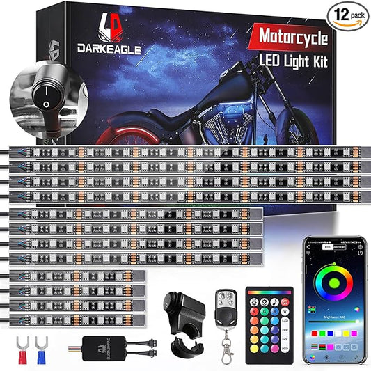12PCS Motorcycle RGB LED Light Kit with Handlebar Switch Brake Turn Signal, Multicolor Underglow Lights with APP/RF Remote, Neon Strips 12V Waterproof for Sport Bike,Cruiser,Street&Off-Road Motorcycle