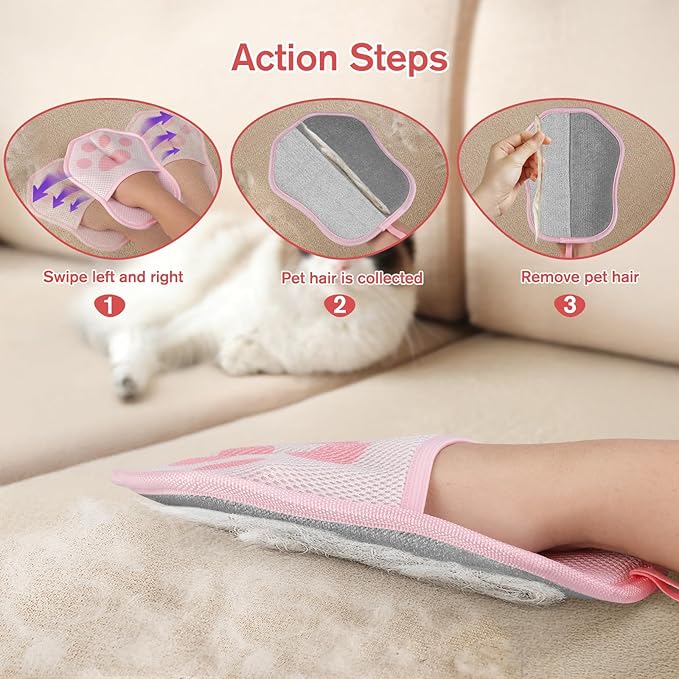 Reusable Pet Hair Removal Gloves, Suitable for Removing Pet Hair from Clothing, Sofas, Carpets, and Car Seats, 1 Pcs with Hanging Hooks, Size 9.8 x 7.87 x 0.5 in (Pink)