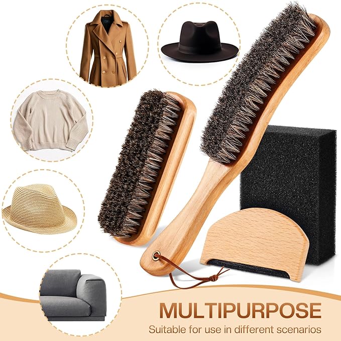 4 Pcs Horsehair Felt Hat Brush Kit with Cleaning Sponge Cowboy Clean Hat Wood Fedora Hat Cleaning Set Baseball Cap Lint Brush Remove Dust for Hair Furniture Suits Clothes(Style H)