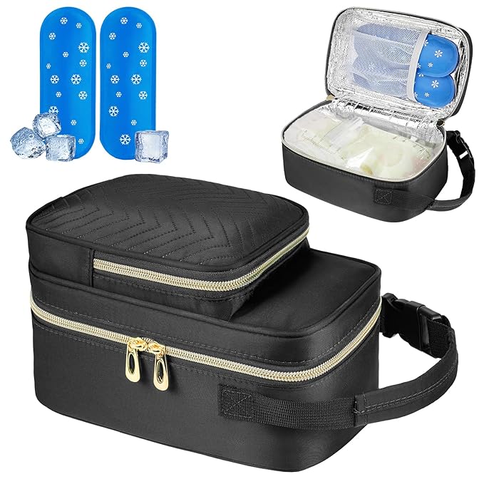 Breastmilk Cooler Travel bag with Ice Pack,Portable Breastmilk Cooler Bag with Buckle Handle,Insulated Breastmilk Storage Bag Cooler,Black