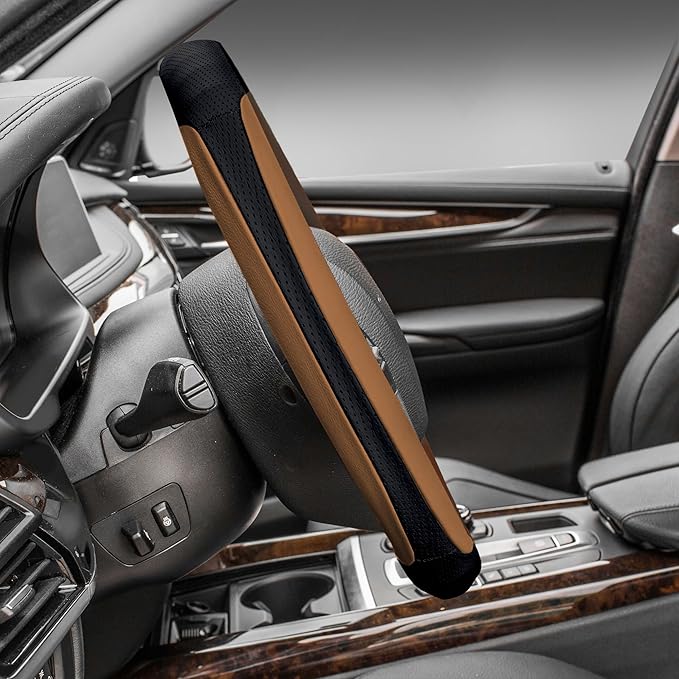 FH Group Universal Fit Perforated Genuine Leather Steering Wheel Cover Fits Most Cars, SUVs, and Brown