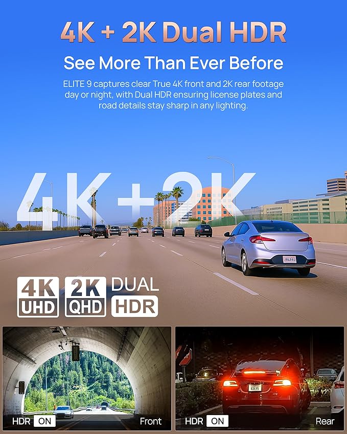 BlackVue Elite 9-2CH 64GB Dash Cam - 4K+2K Dash Cam Front and Rear, Dual HDR STARVIS 2, Power Saving Parking Mode, Free Hardwire & SD Card, Supports up to 1TB, Wi-Fi, GPS, Night Vision, App Dashcam