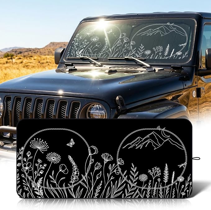 63"x28.5" Car Windshield Sun Shade with Storage Pouch, Stylish Printed Front Window Sunshade with Double Ring Frame, Universal Fit Foldable Heat Blocker & UV Protector for SUV, Sedan (Line Plants)