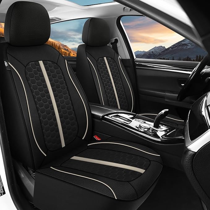 Breathable Premium Car Seat Covers Full Set，3D Air-Mesh Seat Covers for Cars，Comfortable Safety Airbag Compatible，Universal for Most Cars Sedan Truck SUV(Black/Beige)